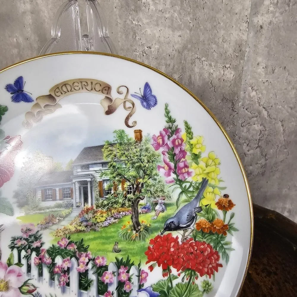Vtg RECO Gardens of‎ Beauty Collectors Plate Dot Barlowe American LE Floral Bird